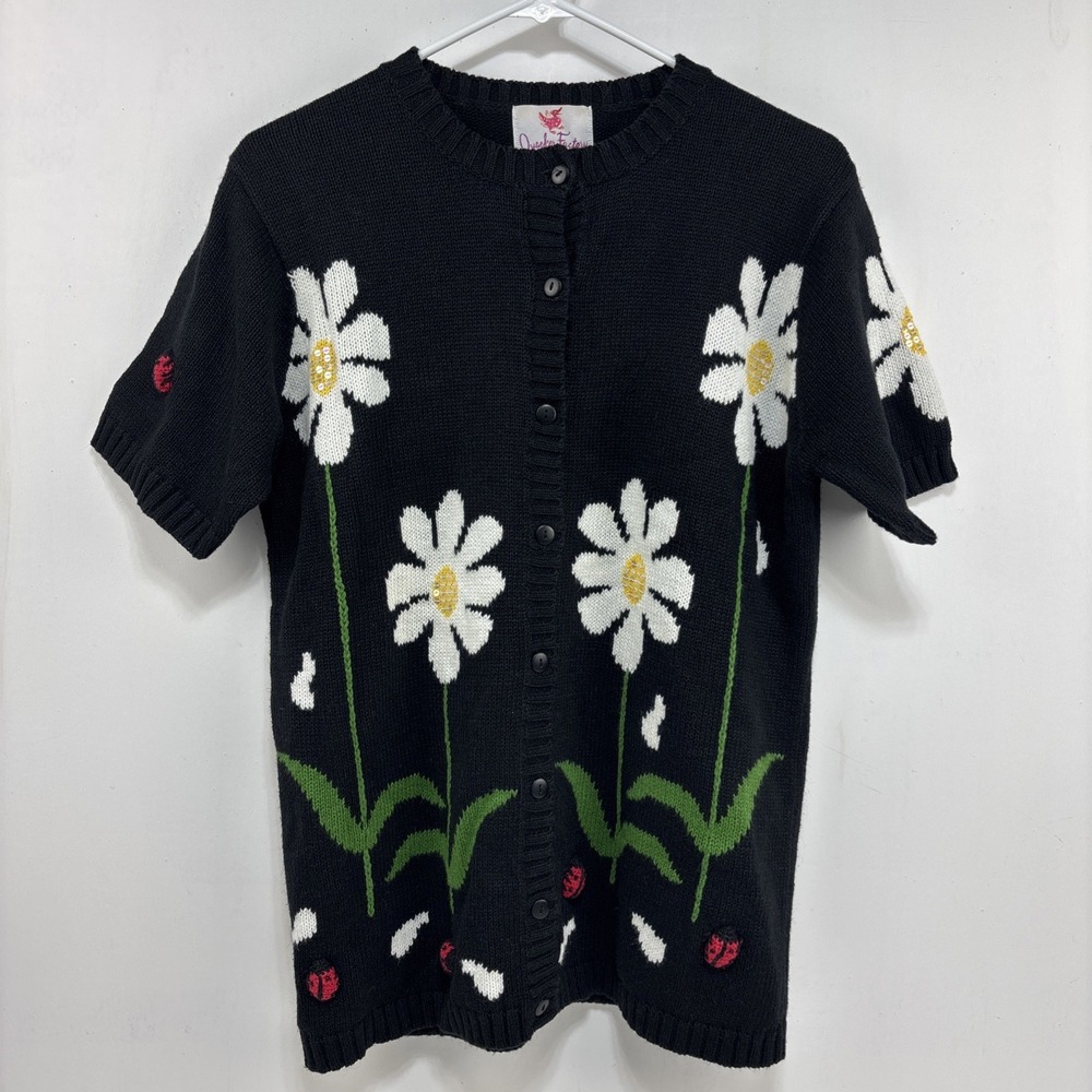 Vtg Quacker Factory Daisy 3D Ladybug Short Sleeve Cardigan Sweater Size S Nature